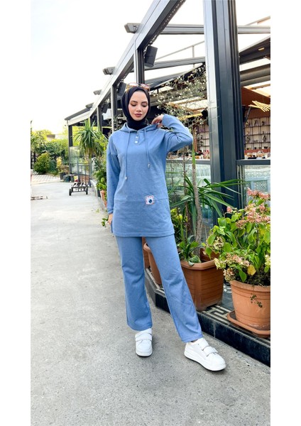 Kapşonlu Çıtçıtlı Sade Basic Ikili Eşofman Spor Takımı - 3036 - Mavi