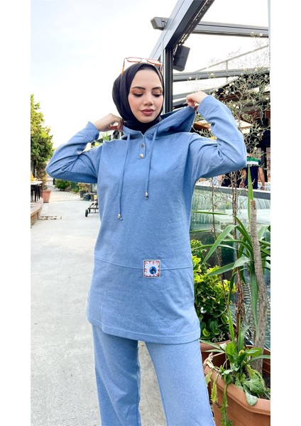 Kapşonlu Çıtçıtlı Sade Basic Ikili Eşofman Spor Takımı - 3036 - Mavi