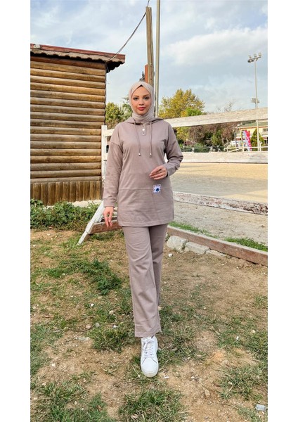 Kapşonlu Çıtçıtlı Sade Basic Ikili Eşofman Spor Takımı - 3036 - Vizon
