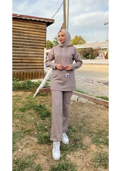 Kapşonlu Çıtçıtlı Sade Basic Ikili Eşofman Spor Takımı - 3036 - Vizon