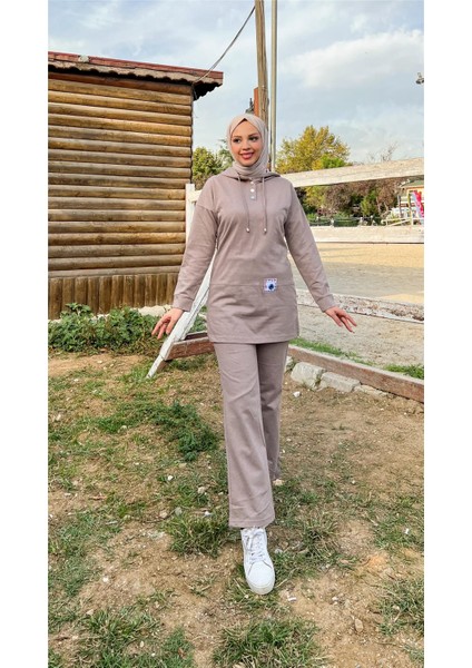 Kapşonlu Çıtçıtlı Sade Basic Ikili Eşofman Spor Takımı - 3036 - Vizon