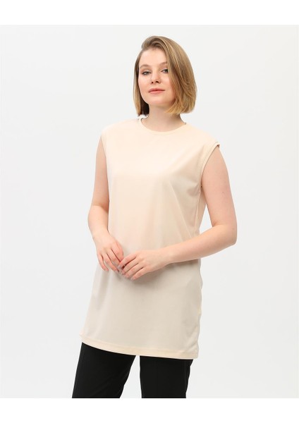 Sude Bisiklet Yaka Kolsuz Sade Basic Bluz - 6038 - Krem