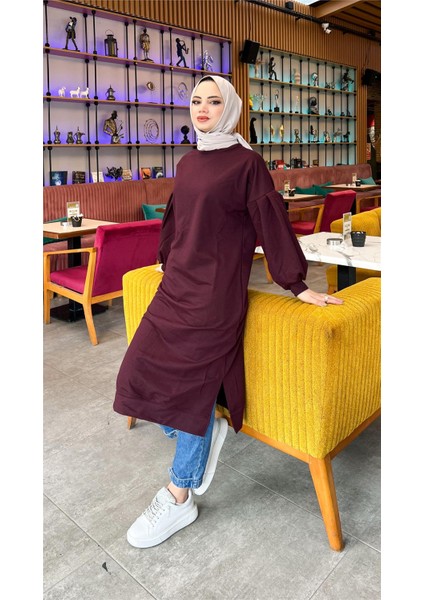 Hira Balon Kol Midi Boy Sade Basic Sweatshirt - 3031 - Mürdüm