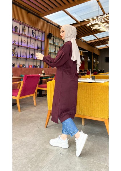 Hira Balon Kol Midi Boy Sade Basic Sweatshirt - 3031 - Mürdüm