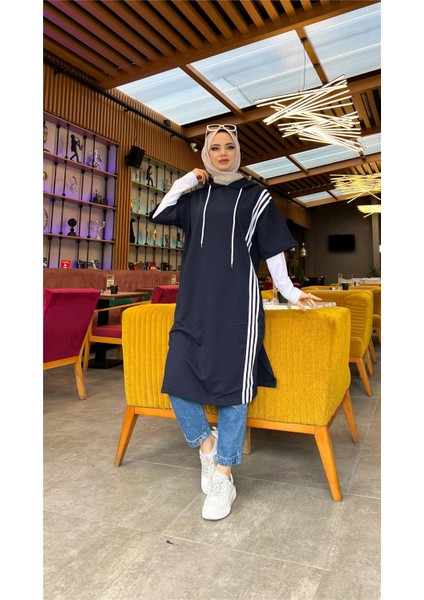 Çam Şeritli Içlikle Kapşonlu Uzun Sweatshirt - 3033 - Lacivert