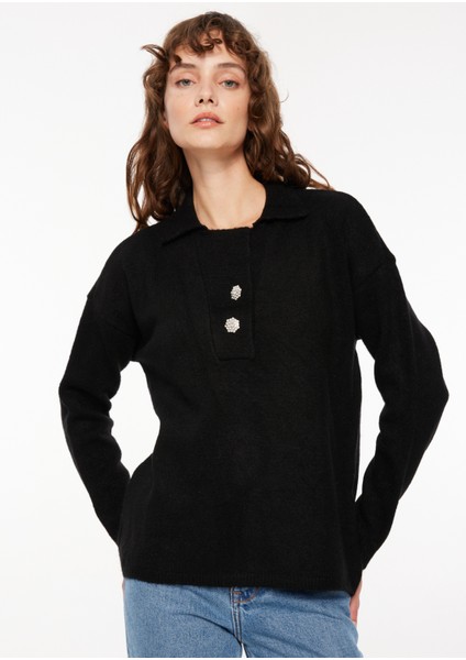 Polo Yaka Geniş Fit Düz Siyah Kazak Kadın FC3WL-KZK22