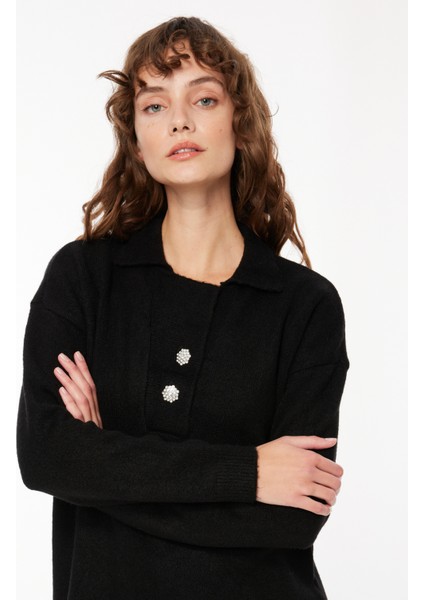 Polo Yaka Geniş Fit Düz Siyah Kazak Kadın FC3WL-KZK22 fiyatları