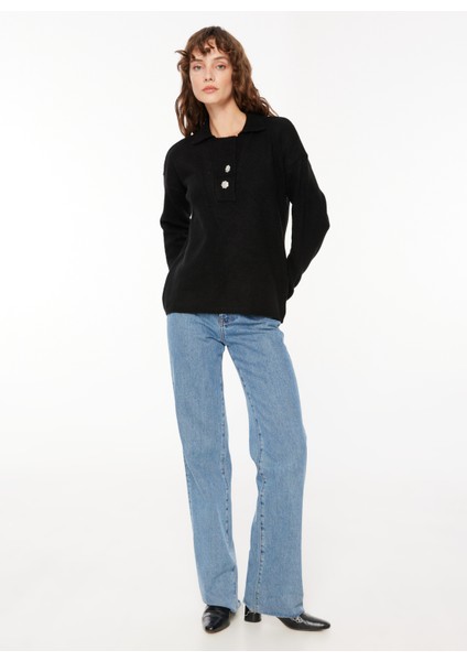 Polo Yaka Geniş Fit Düz Siyah Kazak Kadın FC3WL-KZK22 modelleri