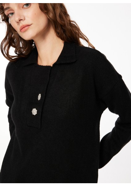 Polo Yaka Geniş Fit Düz Siyah Kazak Kadın FC3WL-KZK22 fırsatları