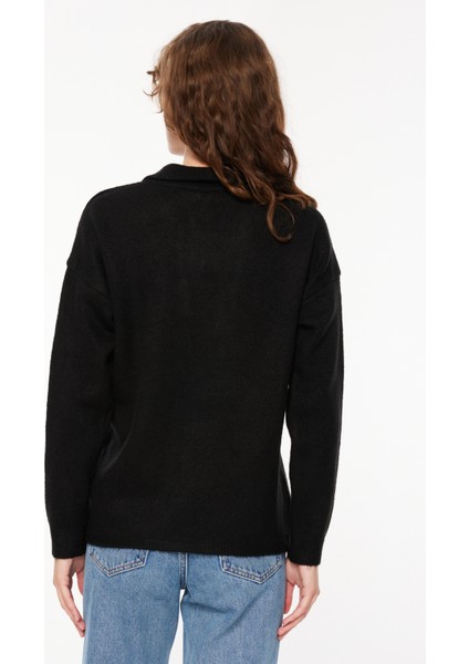 Polo Yaka Geniş Fit Düz Siyah Kazak Kadın FC3WL-KZK22 indirimleri