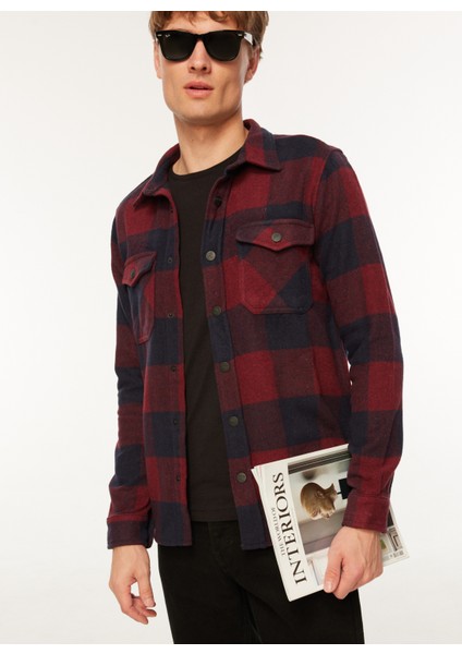 Normal Bordo - Mavi Kareli Erkek Gömlek TC3004