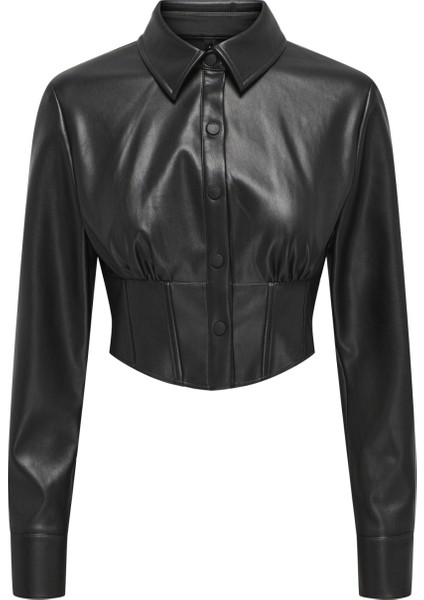 Dar Gömlek Yaka Düz Siyah Kadın Gömlek Onlmıa Faux Leather Shırt Otw