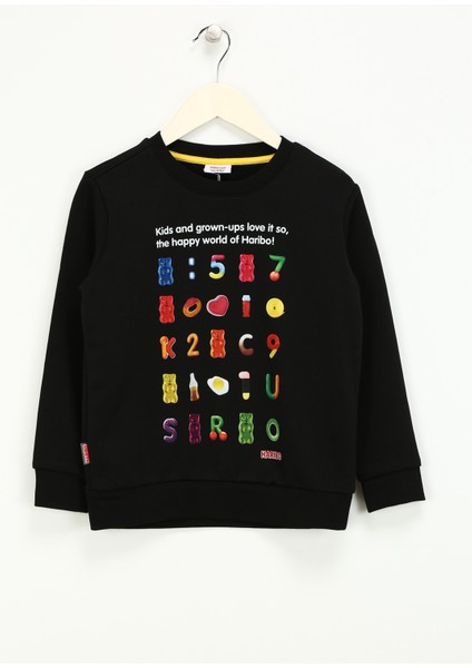 Baskılı Kız Çocuk Siyah Sweatshırt HRBTXT302 Haribo Çocuk Sweatshirt
