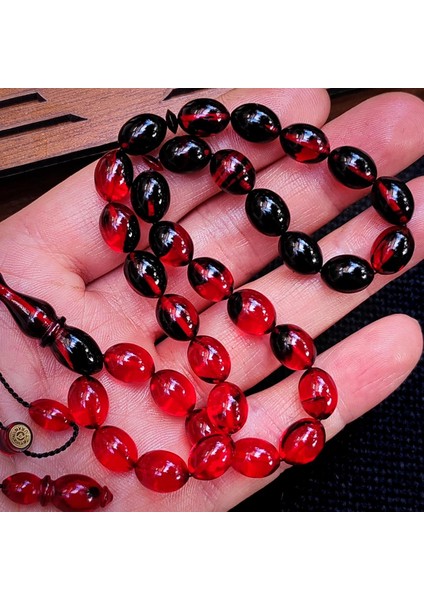 8X11 mm Hassas Delim Kırmızı Siyah Zar Kehribar Tesbih | Ayhan Turan Usta Imzalı Tespih
