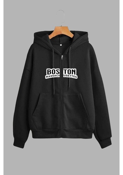 Unisex Siyah Kapüşonlu Sweatshirt Ceket, Eşofman Altı ve T-Shirt 3'lü Takım Boston Baskılı