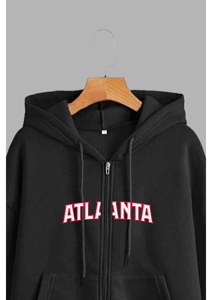 Unisex Siyah Kapüşonlu Sweatshirt Ceket Atlanta Baskılı modelleri