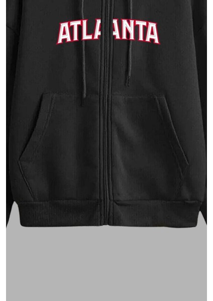 Unisex Siyah Kapüşonlu Sweatshirt Ceket Atlanta Baskılı fırsatları