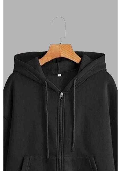 Unisex Siyah Kapüşonlu Sweatshirt Ceket Düz Baskısız modelleri
