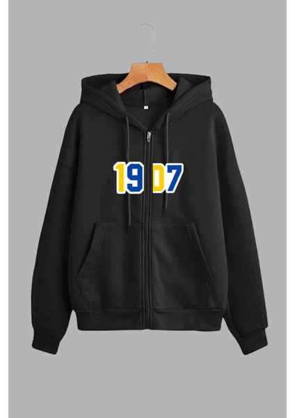 Unisex Siyah Kapüşonlu Sweatshirt Ceket ve Eşofman Altı Takım Fenerbahçe Baskılı