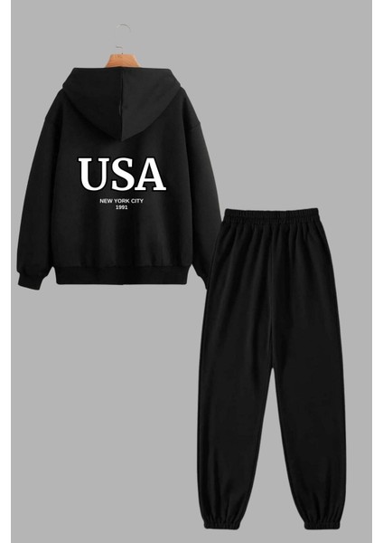 Unisex Siyah Kapüşonlu Sweatshirt Ceket ve Eşofman Altı Takım Usa New York City Baskılı