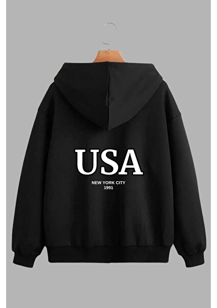 Unisex Siyah Kapüşonlu Sweatshirt Ceket ve Eşofman Altı Takım Usa New York City Baskılı