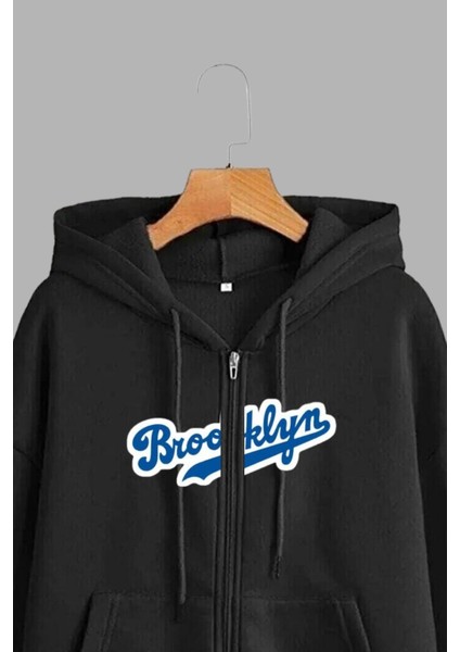 Unisex Siyah Kapüşonlu Sweatshirt Ceket Brooklyn Baskılı modelleri
