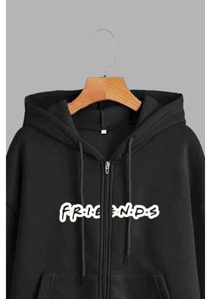Unisex Siyah Kapüşonlu Sweatshirt Ceket Friends Baskılı modelleri