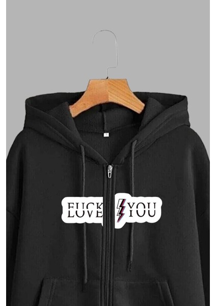 Unisex Siyah Kapüşonlu Sweatshirt Ceket Love You Baskılı modelleri