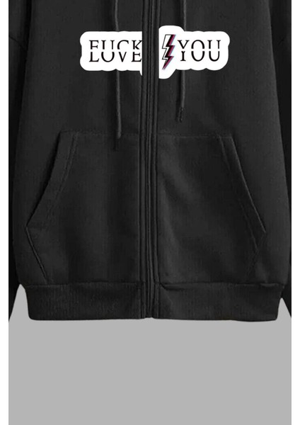 Unisex Siyah Kapüşonlu Sweatshirt Ceket Love You Baskılı fırsatları