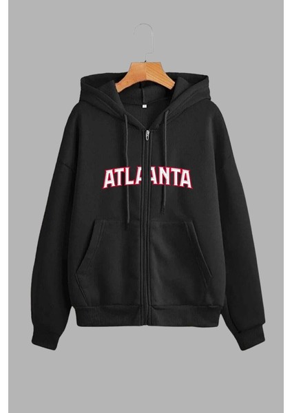 Unisex Siyah Kapüşonlu Sweatshirt Ceket Atlanta Baskılı