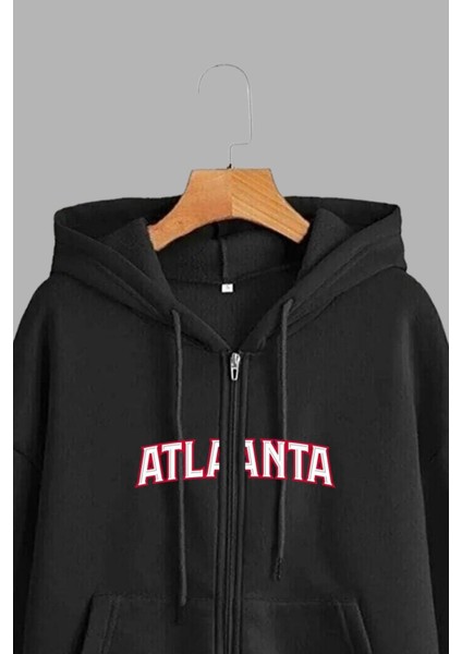 Unisex Siyah Kapüşonlu Sweatshirt Ceket Atlanta Baskılı