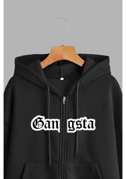 Unisex Siyah Kapüşonlu Sweatshirt Ceket Gangsta Baskılı modelleri