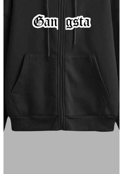 Unisex Siyah Kapüşonlu Sweatshirt Ceket Gangsta Baskılı fırsatları