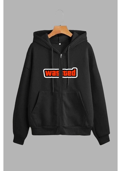 Unisex Siyah Kapüşonlu Sweatshirt Ceket Wasteda Baskılı