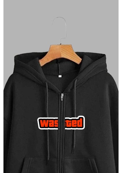 Unisex Siyah Kapüşonlu Sweatshirt Ceket Wasteda Baskılı modelleri