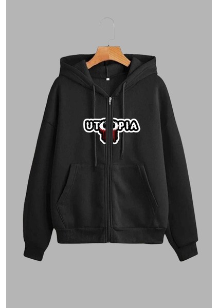 Unisex Siyah Kapüşonlu Sweatshirt Ceket Utopia Baskılı