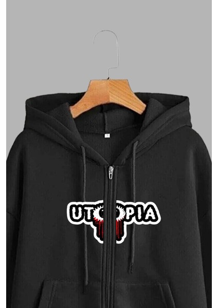 Unisex Siyah Kapüşonlu Sweatshirt Ceket Utopia Baskılı modelleri