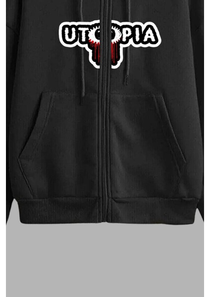 Unisex Siyah Kapüşonlu Sweatshirt Ceket Utopia Baskılı fırsatları