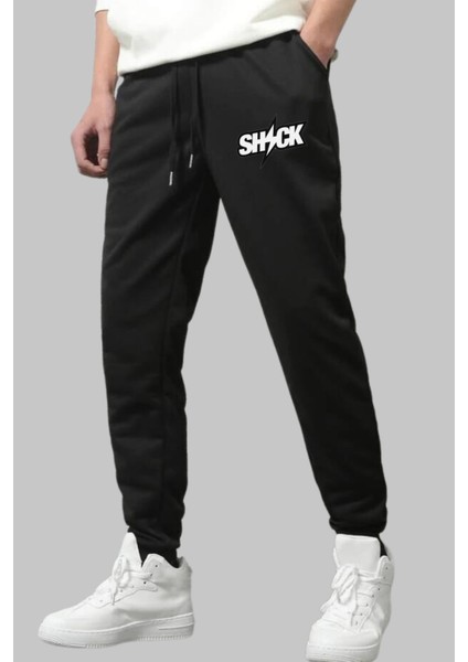Erkek Siyah Eşofman Altı Shock Baskılı Kışlık Lastikli Paça