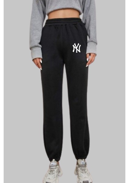 Siyah Eşofman Altı New York Yankee Baskılı Kışlık Lastikli Paça, Kadın