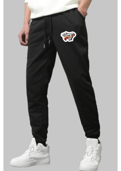 Erkek Siyah Eşofman Altı Vintage 97 Baskılı Kışlık Lastikli Paça
