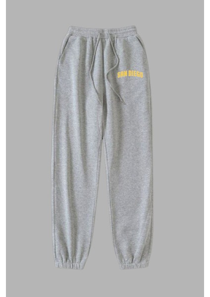 Unisex Gri Kışlık Eşofman Altı 2 Iplik Şardonlu Kumaş San Diego Baskılı