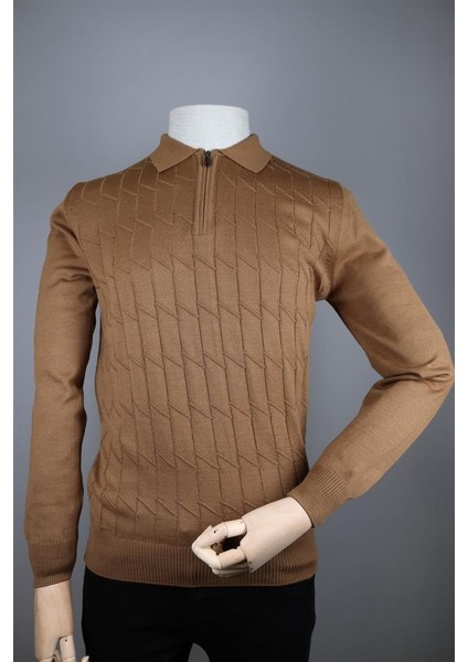 234101807 Nehir Fermuarlı Polo Triko Camel