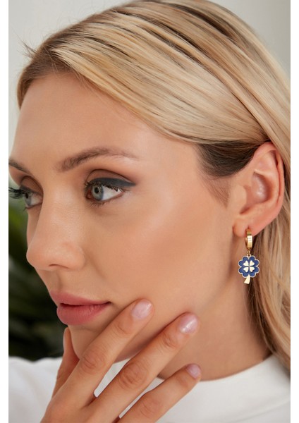 Kadın Chic Lacivert Yonca Model Tasarım Halkalı Sallantılı Çelik Altın Kaplama Günlük Kombin Küpe