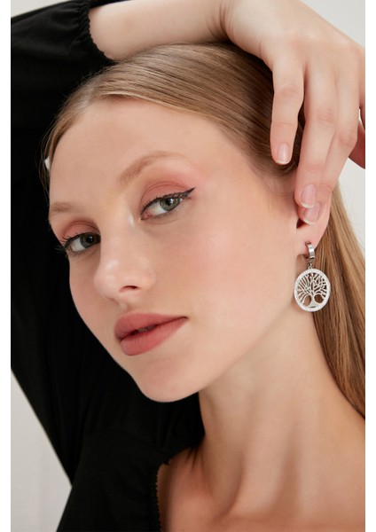 Kadın Hayat Ağacı Model Çelik Gümüş Kaplama Halkalı Sallantılı Kristal Zirkon Taşlı Günlük Stil Küpe