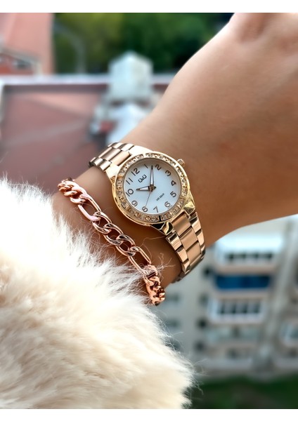 Marka Çelik Kordon,sugeçirmez,2yıl Garantili Rose Renk Küçük Kasa Taşlı Kadın Kolsaati+Bileklik