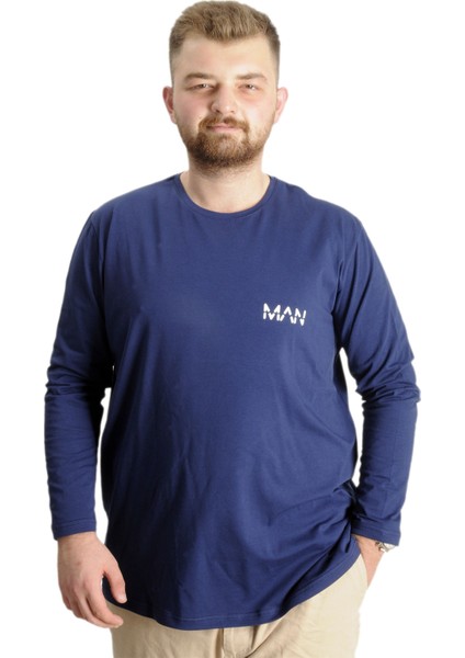 Büyük Beden Erkek T-Shirt Uzun Kol Bisiklet Yaka 23099 Indigo