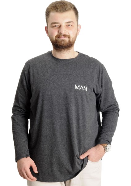 Büyük Beden Erkek T-Shirt Uzun Kol Bisiklet Yaka 23099 Antramelanj