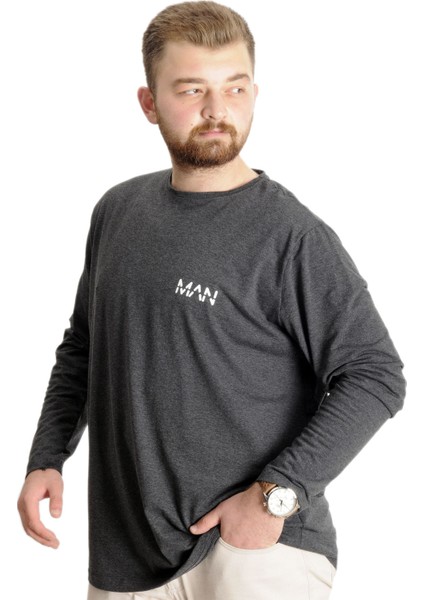 Büyük Beden Erkek T-Shirt Uzun Kol Bisiklet Yaka 23099 Antramelanj