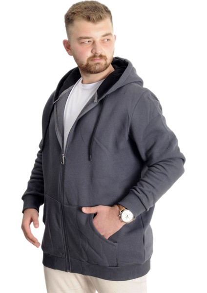 Mode Xl Büyük Beden Erkek Sweat Zippered Basic 20543 Füme